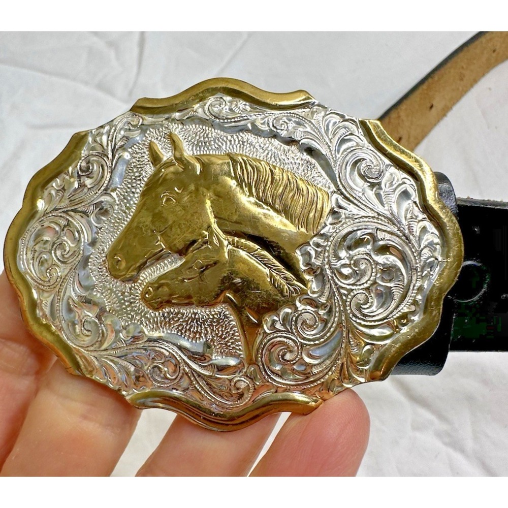 Crumrine Silver Plate Buckle Horse Mare Foal Two Tone Western Belt Black 26 - Picture 4 of 16